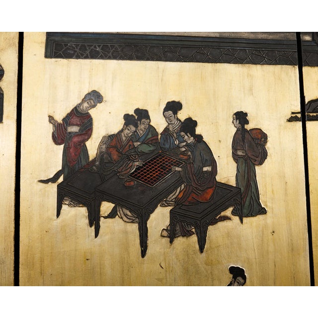 Chinese Export Six Panel Coromandel Screen Gilt Courtyard For Sale - Image 10 of 12