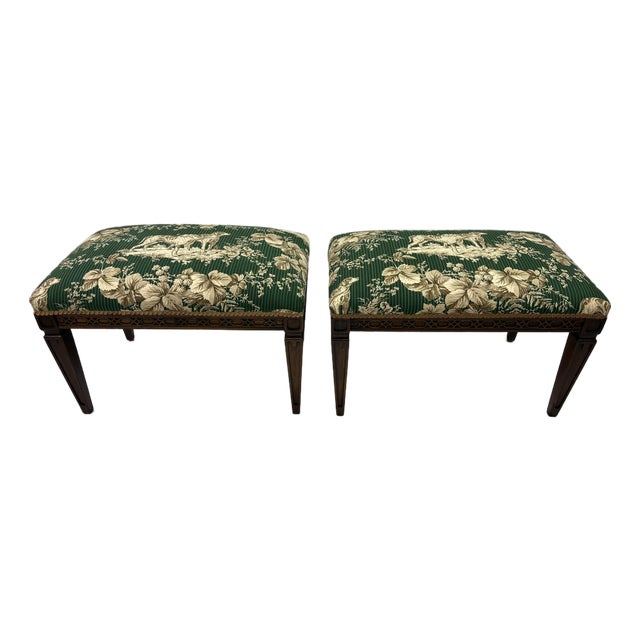 Classic Chippendale Style Benches With Schumacher Dog Toile Upholstery For Sale