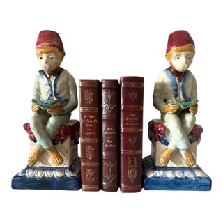 Hand Painted Majolica Chinoiserie Monkey Bookends - A Pair For Sale