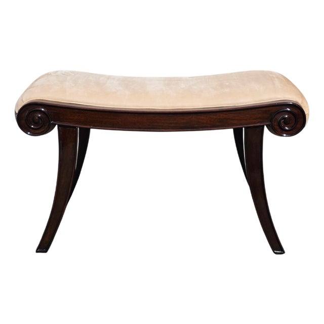 Kerry Joyce for Dessin Fournir Regency Style Mahogany Scroll-End Upholstered Bench For Sale
