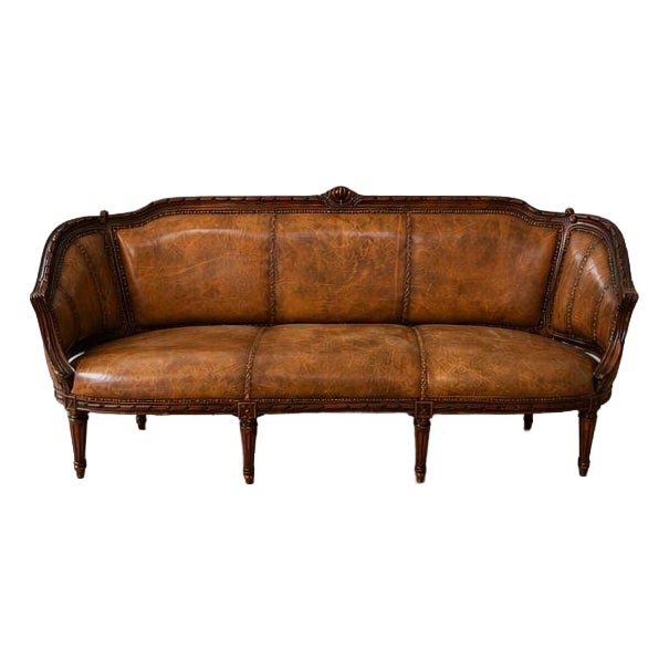 Vintage Leather Sofa – Carved Wood Frame (French / Antique Style) For Sale
