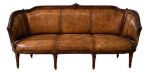Vintage Leather Sofa – Carved Wood Frame (French / Antique Style)