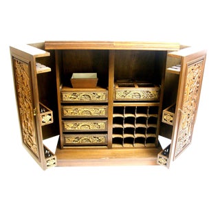 20 C Mid Century Asian Carved Bar Cabinet For Sale