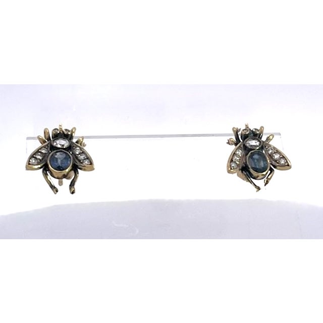 1930s Antique Gold and Silver Bee Earrings With Sapphires and Diamonds, Pair For Sale - Image 5 of 13