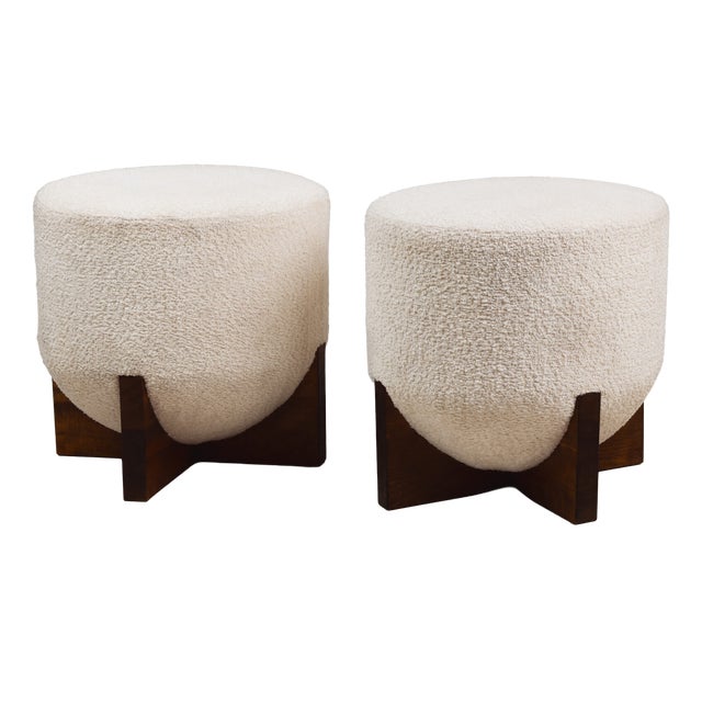 Brutalist Wooden and Bouclé Ottoman, 1950s, Set of 2 For Sale