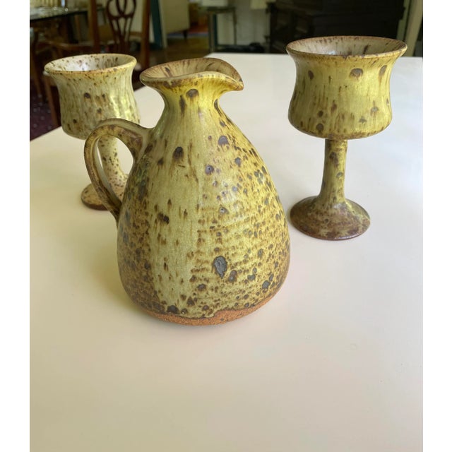 Vintage Handmade Pottery Wine Goblets & Wine Pitcher Set of 3 Pottery For Sale - Image 4 of 6