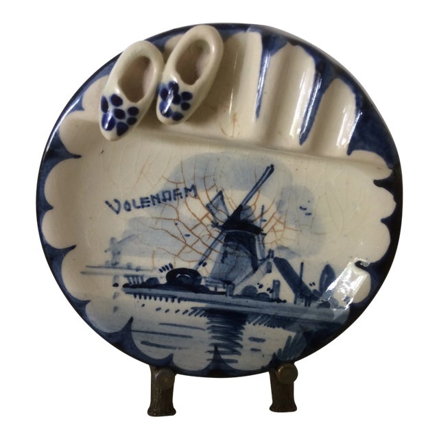Vintage Blue and White Delft Ashtray With Brass Stand For Sale