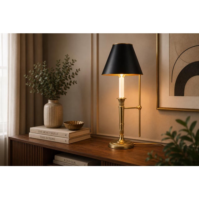 French-style bouillotte table lamp dating to the 1950s. A fluted and tapered brass candlestick column rises from an...