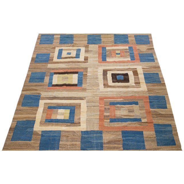 Mid-Century Modern 2020s Mid-Century Modern Style Kilim Wool Rug With Brown Field For Sale - Image 3 of 7