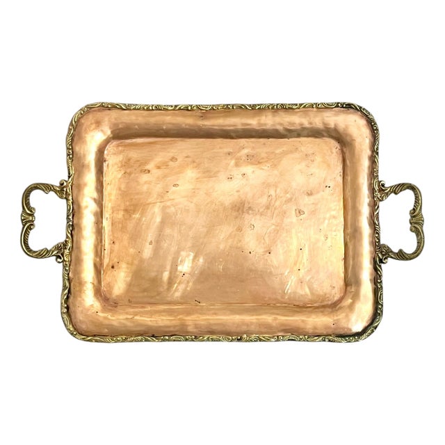 Vintage Brass and Copper Two Handle Serving Cocktail Tray For Sale