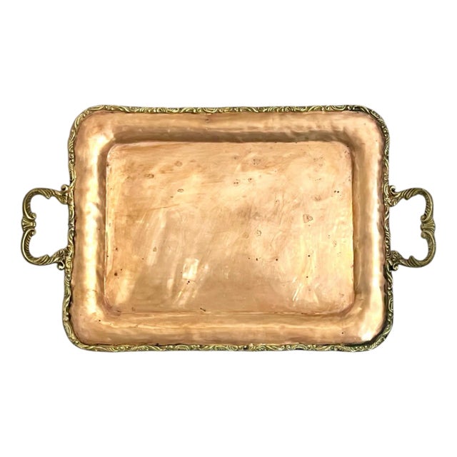 Vintage French Provincial Brass and Copper Two Handle Serving Cocktail Tray For Sale
