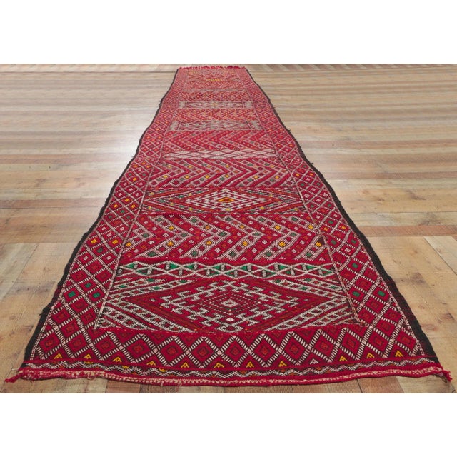 Red Vintage Zemmour Moroccan Kilim Rug Runner - 03'06 X 19'04. For Sale - Image 8 of 9