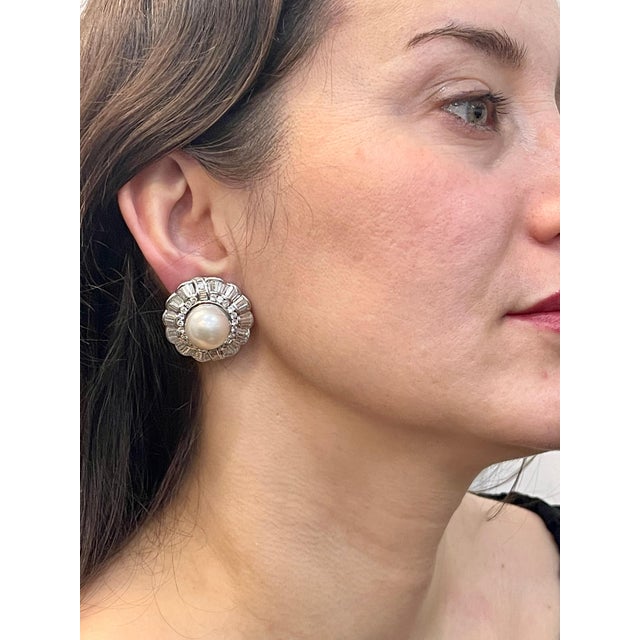 White South Sea Pearl with 12 Carat Diamond Cocktail Earrings 18 Karat Gold For Sale - Image 12 of 18