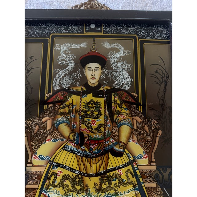 Wood 1920s Pair of Chinese Reverse Glass Ancestral Portraits of Emperer and Empress Qing Dynasty For Sale - Image 7 of 15