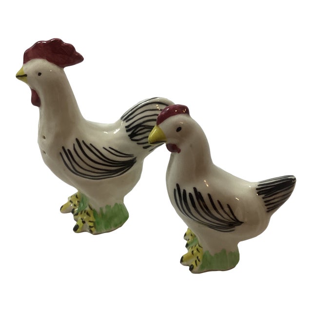 1980s Blue Ridge Pottery Rooster Hen Chicken Salt and Pepper Shaker Set- a Pair For Sale