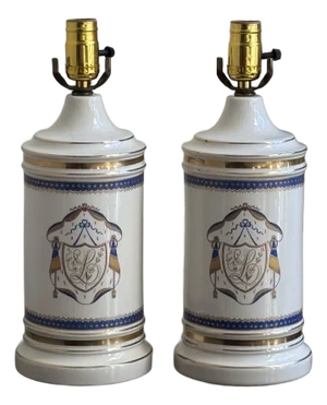 Mid-20th Century Armorial Porcelain Apothecary Lamps — A Pair
