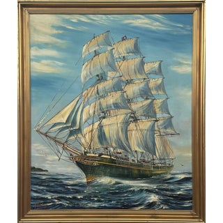 Thermopylae Clipper Sailing Ship at Sea - Vintage 20th Century Oil Painting 1970 Circa For Sale