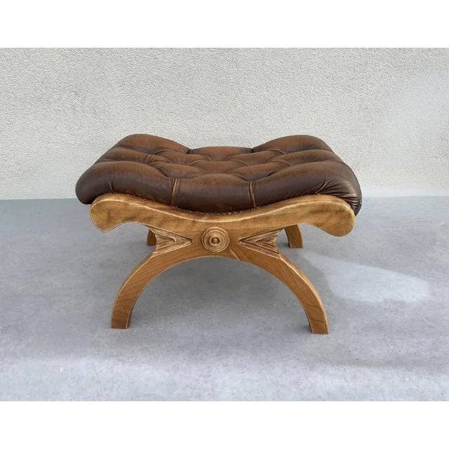 Chesterfield Ottoman in Carved Wood and Leather, 1960s For Sale - Image 3 of 16