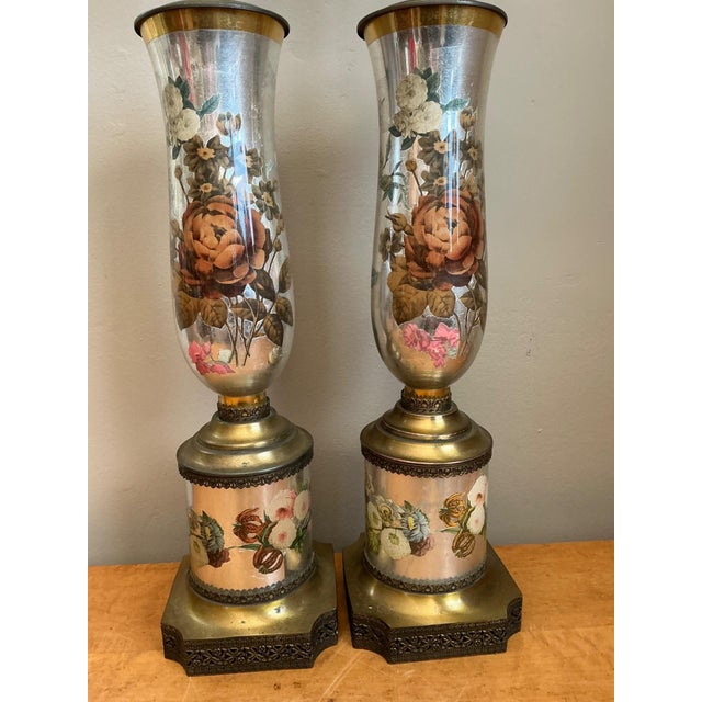Mid 20th Century Vintage Italian Eglomise Rose Lamps - A Pair For Sale - Image 5 of 12