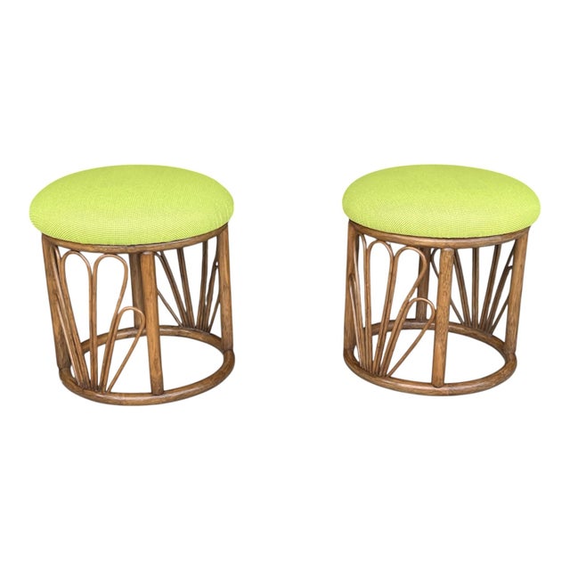 1960s Bamboo Ottomans With Lemon Upholstery- A Pair For Sale - Image 9 of 12