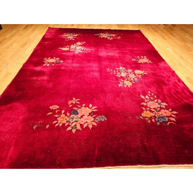 Red Antique Chinese Art Deco Rug, Hand-Knotted Wool, Crimson Floral Design, 10x14 For Sale - Image 8 of 18