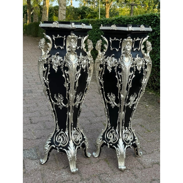 1990s Italian Baroque Black Silver Resin Pedestals 2pc- Pair For Sale - Image 9 of 18