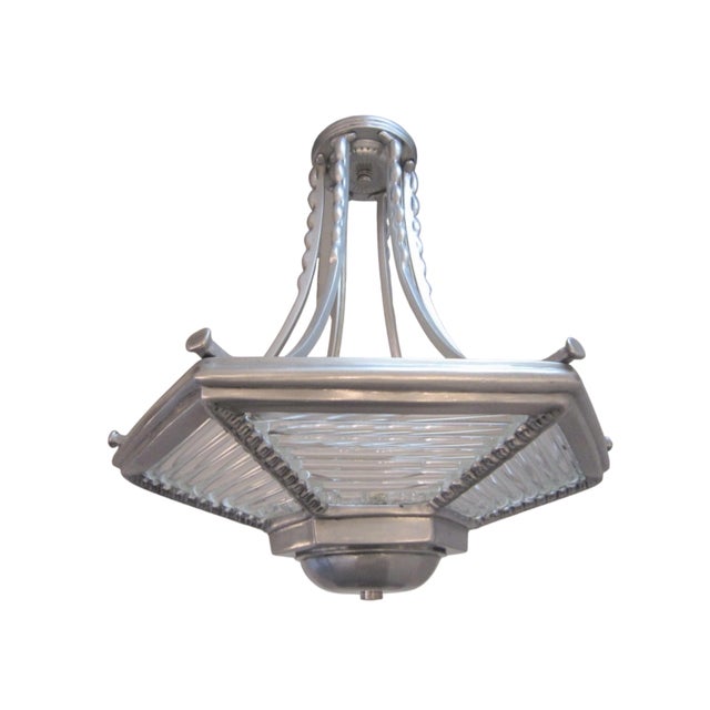 Small Art Deco Six Sided Glass and Aluminum Chandelier For Sale - Image 17 of 17