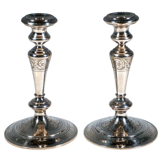 Art Nouveau Silver Candlesticks with Floral Engraving, 1890, Set of 2 For Sale - Image 6 of 6