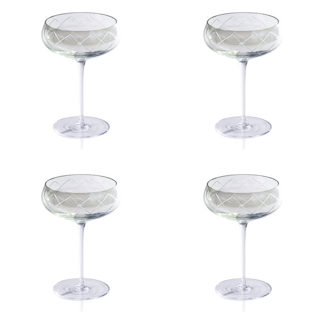 Light Green Audrey 4-Piece Set Hand Etched Coupe Glasses, Green Luster For Sale - Image 8 of 8