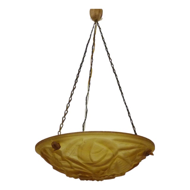 Art Deco Single-Light Pendant Lamp with Glass Bowl from Verrerie d'Art Degué, 1930s For Sale