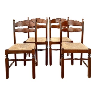 Rustic Oak Farmhouse Ladderback Rush Seat Chairs - Set of 4 For Sale