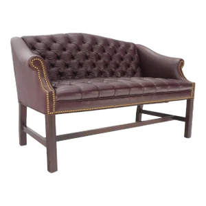 Tufted Burgundy Leather Federal Style Settee Love Seat Couch Sofa