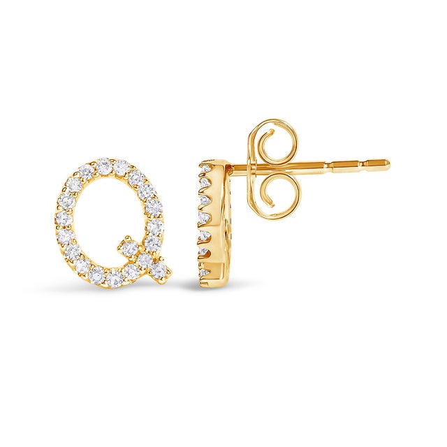 Contemporary 10K Yellow Gold 1/10 Cttw Diamond 'Q' Initial Stud Earring For Sale - Image 3 of 5