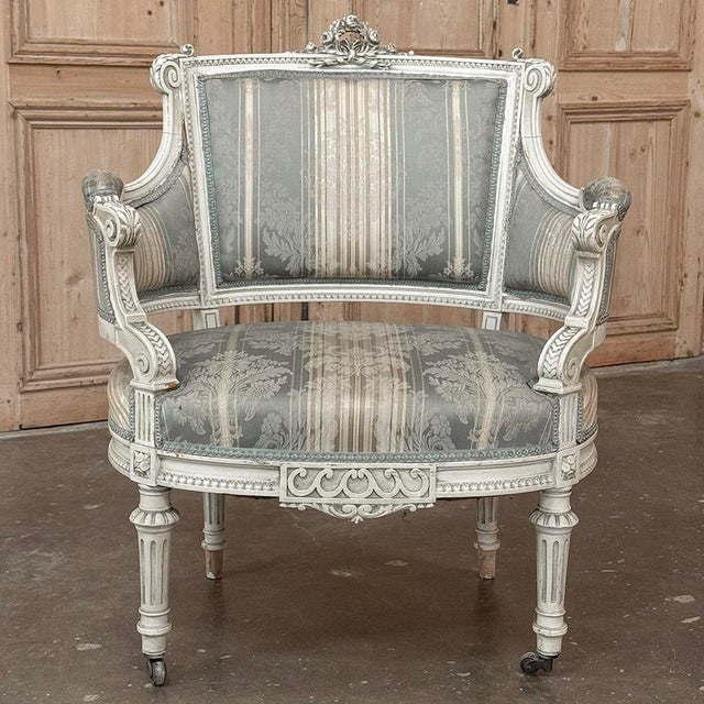 Antique White Pair of Louis XVI Painted Bergères ~ Paris For Sale - Image 8 of 15