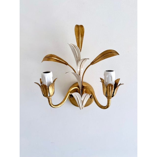 Mid-Century Modern Italian Gilt and White Tole Two-Light Wall Sconces Masca, 1970s, Set of 2 For Sale - Image 3 of 17
