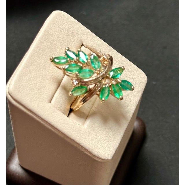 2010s 1.5 Ct Natural Emerald, Marquise Stone and 2 Diamond Ring 14 Karat Yellow Gold For Sale - Image 5 of 18