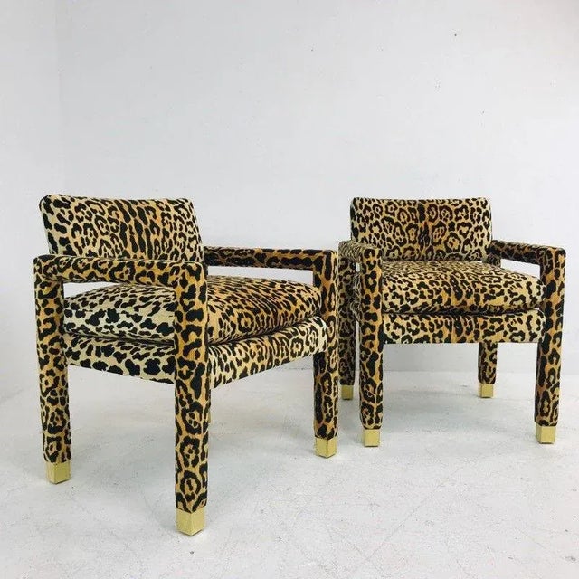Leopard Parsons Chair With Brass Sabots For Sale In Dallas - Image 6 of 7