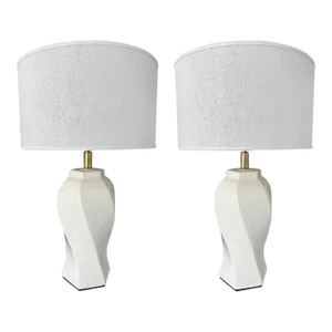 Pair of Italian Mid-Century Modern Ceramic Swirl Lamps in Ivory, C. 1970's