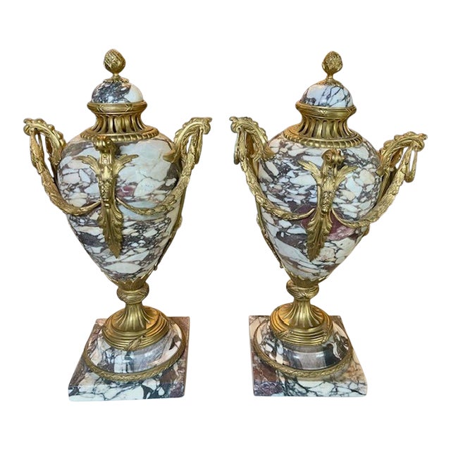 Pair of 19h C. French Marble and Bronze Cassolette For Sale