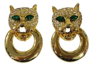 Vintage Panther Motif Dangle Earclips Gold Tone