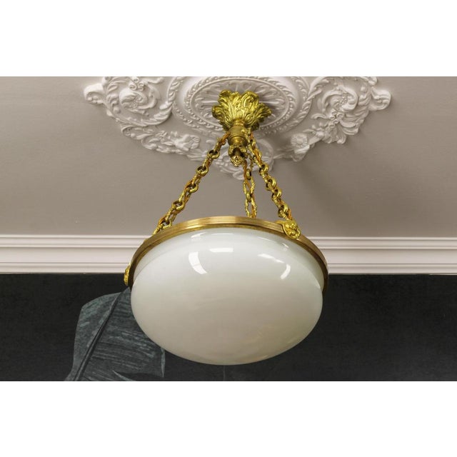 French White Glass, Brass and Bronze Pendant Chandelier, 1920s For Sale - Image 10 of 18