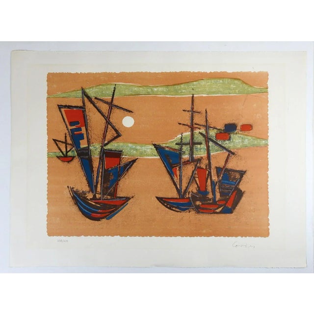 Vintage Mid Century Modern Abstract Ships Lithograph For Sale - Image 4 of 5