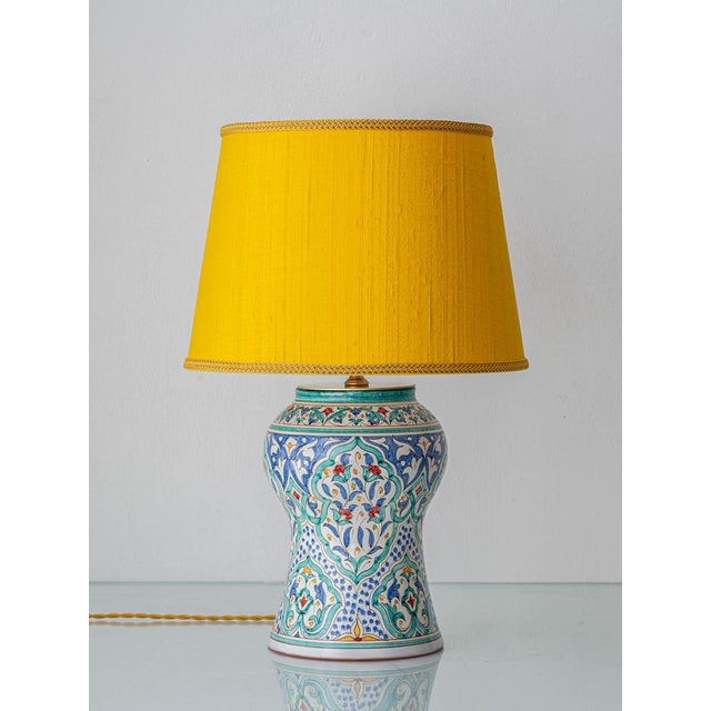 Hand-painted ceramic table lamp by Al Yarrar, Granada, Spain. The base showcases Nasrid geometry in turquoise, cobalt...