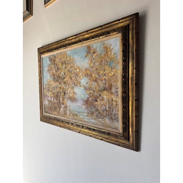 Charming vintage Impressionist oil painting by Elizabeth Van Cort, depicting a serene pastoral landscape with children...