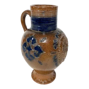German Stoneware Salt Glaze Pitcher With Incised Blue Decorations