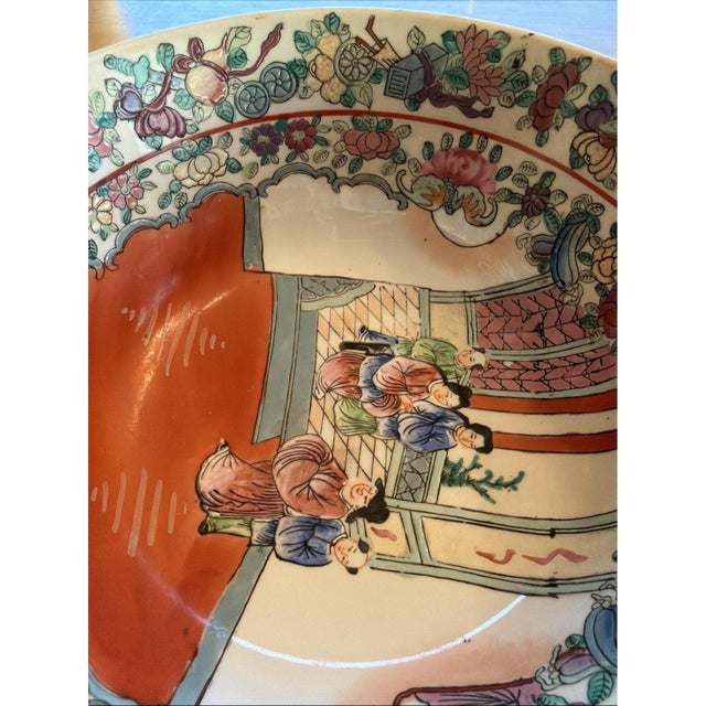 Vintage Chinese Famille Rose Porcelain Serving Bowl w/ Figures & Shou Symbol 10" For Sale - Image 12 of 12