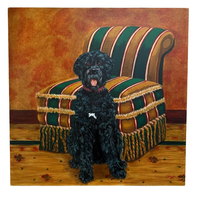 A striking pair of original oil paintings of a regal, shaggy-coated companion (reminiscent of a Portuguese Water Dog or...
