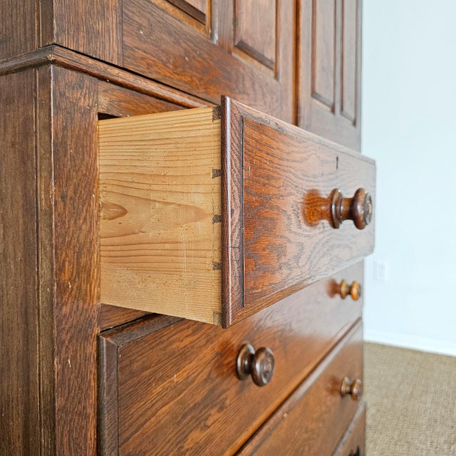 Brown Antique English Oak Linen Press Cabinet | Circa 1860 For Sale - Image 8 of 12
