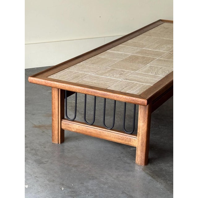 Mid-Century Modern Mid Century Modern Walnut + Travertine & Iron Coffee Table For Sale - Image 3 of 7
