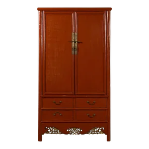 Chinese Ming Dynasty Style Red Lacquer & Floral-Carved Gilt Apron Cabinet